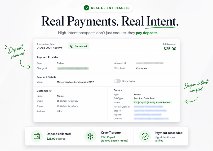 Verified Stripe deposit receipt — $25.00 succeeded from a high-intent prospect