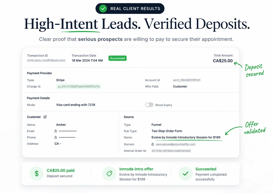 Verified Stripe receipt — CA$25.00 deposit paid, offer validated