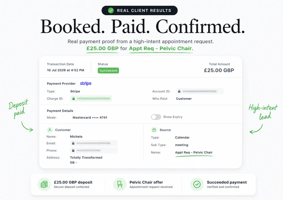 Verified Stripe deposit receipt — £25.00 GBP appointment request, payment succeeded